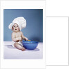 1950s 1960s baby wearing chef hat toque holding spatula blue mixing bowl by Anonymous