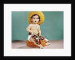 1960s baby wearing cowboy hat and holster with guns pistols looking at camera by Anonymous