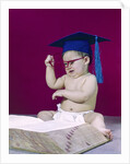 1960s graduate baby wearing mortarboard eyeglasses reading book by Anonymous