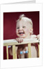 1960s laughing blond baby in crib or playpen by Anonymous