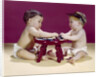 1960s two babies sitting at red stool playing cards poker with gambling chips by Anonymous