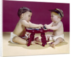 1960s two babies sitting at red stool playing cards poker with gambling chips by Anonymous