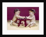 1960s two babies sitting at red stool playing cards poker with gambling chips by Anonymous