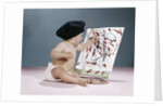 1960s baby artist wearing black beret sitting in front of easel painting by Anonymous