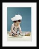 1960s baby wearing nurse nurse's cap stethoscope listening to doll heartbeat chest by Anonymous