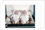 1950s 1960s twin boys dressed in white lying in stroller side by side by Anonymous