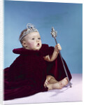 1960s baby dressed as royal queen in a velvet robe cloak cape rhinestone tiara crown and scepter wand by Anonymous