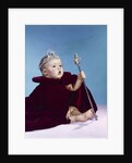1960s baby dressed as royal queen in a velvet robe cloak cape rhinestone tiara crown and scepter wand by Anonymous