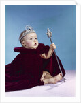 1960s baby dressed as royal queen in a velvet robe cloak cape rhinestone tiara crown and scepter wand by Anonymous