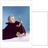 1960s baby dressed as royal queen in a velvet robe cloak cape rhinestone tiara crown and scepter wand by Anonymous