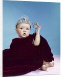 1960s baby dressed as royal queen in a velvet robe cloak cape rhinestone tiara crown and scepter wand by Anonymous