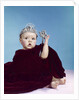 1960s baby dressed as royal queen in a velvet robe cloak cape rhinestone tiara crown and scepter wand by Anonymous