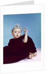 1960s baby dressed as royal queen in a velvet robe cloak cape rhinestone tiara crown and scepter wand by Anonymous