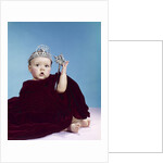 1960s baby dressed as royal queen in a velvet robe cloak cape rhinestone tiara crown and scepter wand by Anonymous