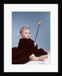 1960s baby girl wearing rhinestone tiara and red velvet cloak holding scepter by Anonymous