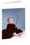 1960s baby girl wearing rhinestone tiara and red velvet cloak holding scepter by Anonymous