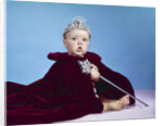 1960s baby dressed as royal queen in red velvet robe cloak cape rhinestone tiara crown and scepter wand by Anonymous
