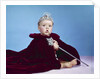 1960s baby dressed as royal queen in red velvet robe cloak cape rhinestone tiara crown and scepter wand by Anonymous