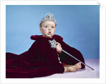 1960s baby dressed as royal queen in red velvet robe cloak cape rhinestone tiara crown and scepter wand by Anonymous