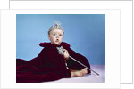 1960s baby dressed as royal queen in red velvet robe cloak cape rhinestone tiara crown and scepter wand by Anonymous