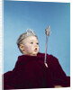 1960s baby dressed as royal queen in a velvet robe cloak cape rhinestone tiara crown and scepter wand by Anonymous