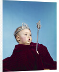 1960s baby dressed as royal queen in a velvet robe cloak cape rhinestone tiara crown and scepter wand by Anonymous