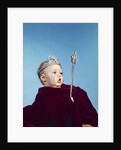 1960s baby dressed as royal queen in a velvet robe cloak cape rhinestone tiara crown and scepter wand by Anonymous