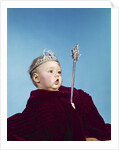 1960s baby dressed as royal queen in a velvet robe cloak cape rhinestone tiara crown and scepter wand by Anonymous