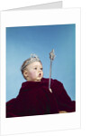 1960s baby dressed as royal queen in a velvet robe cloak cape rhinestone tiara crown and scepter wand by Anonymous