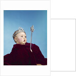 1960s baby dressed as royal queen in a velvet robe cloak cape rhinestone tiara crown and scepter wand by Anonymous