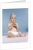 1960s baby wearing cloth diaper sitting with hands together thoughtful pose expression by Anonymous
