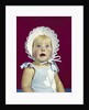 1960s blonde baby blue eyes wearing ruffled bonnet facial expression of wonder looking at camera by Anonymous