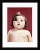 1960s portrait brunette baby girl with chubby round face uncertain facial expression looking at camera by Anonymous