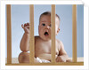 1960s baby in crib or playpen looking through bars alarmed expression by Anonymous