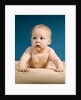 1960s baby big blue eyes raised up on arms looking to side by Anonymous