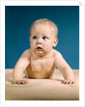 1960s baby big blue eyes raised up on arms looking to side by Anonymous