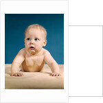 1960s baby big blue eyes raised up on arms looking to side by Anonymous