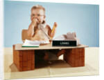 1960s baby businessman diaper sitting at loan desk wearing eyeglasses talking on telephone by Anonymous