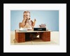 1960s baby businessman diaper sitting at loan desk wearing eyeglasses talking on telephone by Anonymous