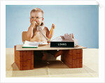 1960s baby businessman diaper sitting at loan desk wearing eyeglasses talking on telephone by Anonymous