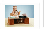 1960s baby businessman diaper sitting at loan desk wearing eyeglasses talking on telephone by Anonymous
