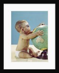 1960s baby wearing eyeglasses hugging the world globe earth by Anonymous
