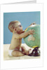 1960s baby wearing eyeglasses hugging the world globe earth by Anonymous