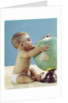 1960s baby wearing eyeglasses hugging the world globe earth by Anonymous