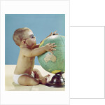 1960s baby wearing eyeglasses hugging the world globe earth by Anonymous
