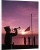 1960s boy scout blowing bugle as others raise american flag at camp sunset ceremony by Anonymous
