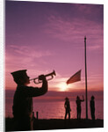 1960s boy scout blowing bugle as others raise american flag at camp sunset ceremony by Anonymous