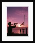 1960s boy scout blowing bugle as others raise american flag at camp sunset ceremony by Anonymous