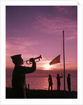 1960s boy scout blowing bugle as others raise american flag at camp sunset ceremony by Anonymous