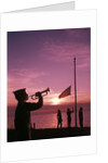 1960s boy scout blowing bugle as others raise american flag at camp sunset ceremony by Anonymous